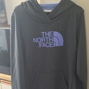 Woman's The North Face Dark Gray Hoodie with Purple Logo Large